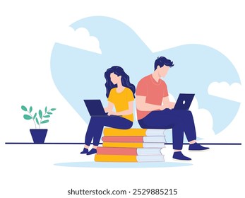 Man and woman studying together - Couple sitting on books with laptop computers learning and educating themselves, School work and knowledge concept.