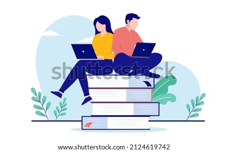 Man and woman studying together - Couple sitting on books with laptop computers learning and educating themselves. Flat design vector illustration with white background