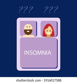 a man and a woman suffer from insomnia due to mental problems, insomniac ideas. A couple lying in bed, thinking about problems, can not relax. Vector illustration of characters in a flat cartoon style