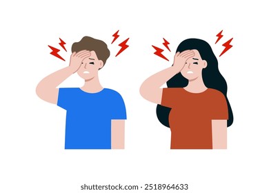 Man and woman suffering headache. Healthcare, anxiety, stress, disease, symptom, illness, pain, problem concepts. Flat people vector design isolated illustration.