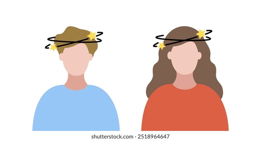 Man and woman suffering headache. Healthcare, anxiety, stress, disease, symptom, illness, pain, problem concepts. Flat people vector design isolated illustration.