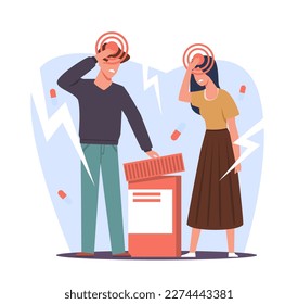 Man and woman suffering from headaches, holding their heads. Huge painkillers bottle, migraine diagnosis. Unhappy sick people. Cartoon flat tiny characters. Vector healthcare concept
