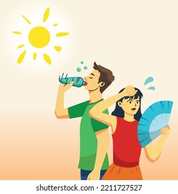 Man and woman suffering from heat wave and dehydration from strong sunlight. Man drinking water. Woman with folding fan blow. She got sweaty. Hot climate in summer. 