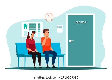 Man and woman suffering from terrible toothache waiting for dentist at hall. Visitor at dentistry office. Stomatology hospital queue. Patient in dental clinic. Professional teeth cure clinic service