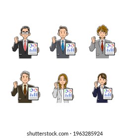 A man and a woman in a suit holding a tablet PC with data displayed in their hands and doing a guts pose