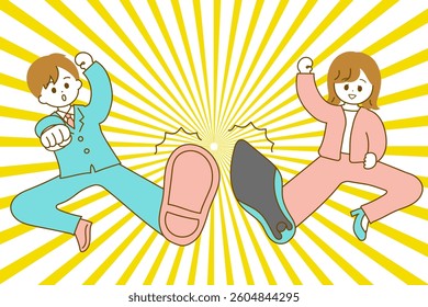 A man and a woman in a suit kicking or flying kick forward against a background of concentrated lines