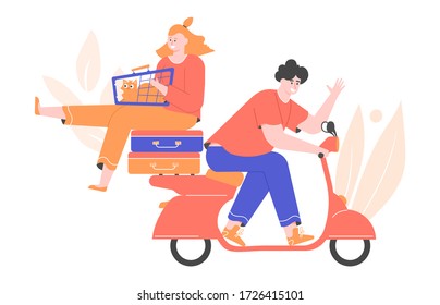 Man and woman with suitcases and a cat on a scooter. Moving, family trip. Couple riding a moped. Vector flat illustration.