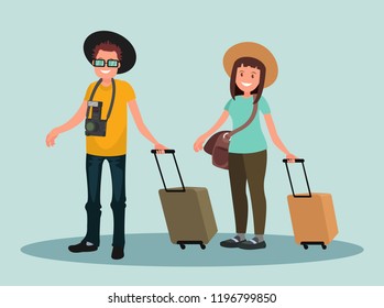 A man and a woman with suitcases. Happy couple with Luggage.