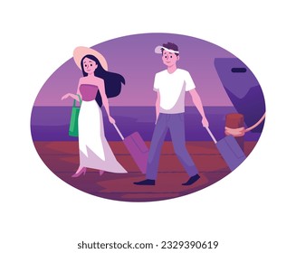 Man and woman with suitcases landed from cruise liner or yacht. Cruise vacation concept. Voyage tourist vacation or weekends on cruise ship. Holiday sea season flat vector illustration