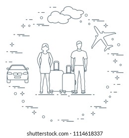 Man and woman with suitcases, plane, cloud, car. Summer time, vacation. Leisure.