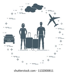 Man and woman with suitcases, plane, cloud, car. Summer time, vacation. Leisure.