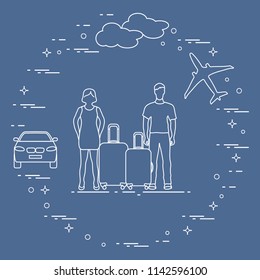 Man and woman with suitcases, plane, cloud, car. Summer time, vacation. Leisure.