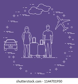 Man and woman with suitcases, plane, cloud, car. Summer time, vacation. Leisure.