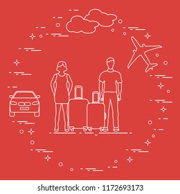 Man and woman with suitcases, plane, cloud, car. Summer time, vacation. Leisure.