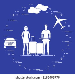 Man and woman with suitcases, plane, cloud, car. Summer time, vacation. Leisure.