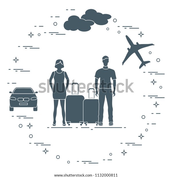 Man and woman with suitcases, plane, cloud, car.
Summer time, vacation.
Leisure.