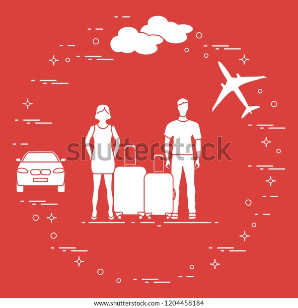 Man and woman with suitcases, plane, cloud, car.
Summer time, vacation.
Leisure.