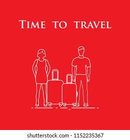 Man and woman with suitcases. Time to travel. Summer time, vacation. Leisure logo.