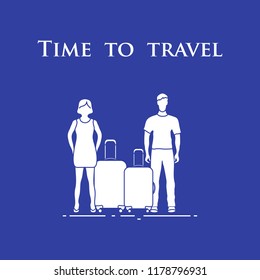 Man and woman with suitcases. Time to travel. Summer time, vacation. Leisure logo.