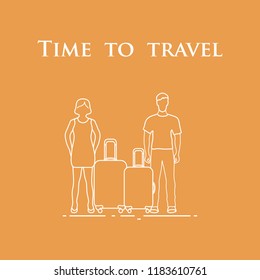 Man and woman with suitcases. Time to travel. Summer time, vacation. Leisure logo.