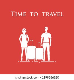Man and woman with suitcases. Time to travel. Summer time, vacation. Leisure logo.