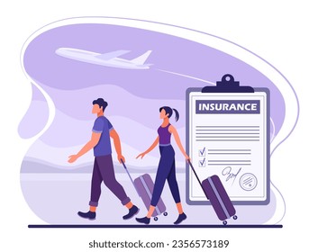 A man and a woman with suitcases travel on the background of an airplane and an insurance policy. Tourism, travel, air travel, health and life insurance concept. Vector flat blue and purple colors.