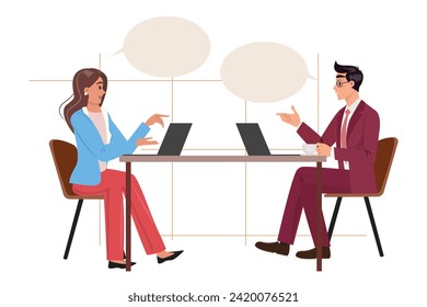 Man and woman in suits drinking and discussing business matters, exemplifying collaborative teamwork and office dynamics. Business concept illustration with young people