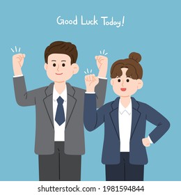 A man and a woman in suits are posing for strength. The man is wearing a tie. The woman tied her hair.