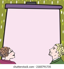 Man And Woman In Suits Presenting Important Informations On Presentation Board. Businessman And Businesswoman With Glasses Showing Crutial Announcements.