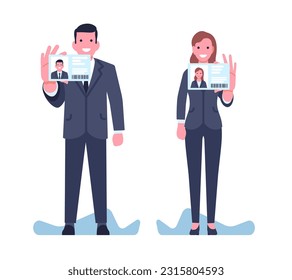 Man and woman in suits show their ID plastic card. Identity document. People holding identification license. Authentication with name and photo. Person verification