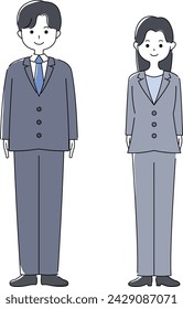 Man and woman in suits standing upright