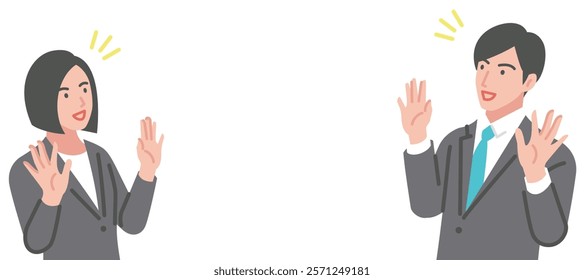 A man and woman in suits surprised with their arms outstretched