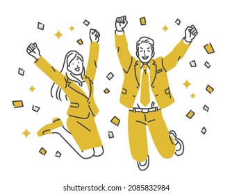 Man and woman in suits that are happy to jump, confetti