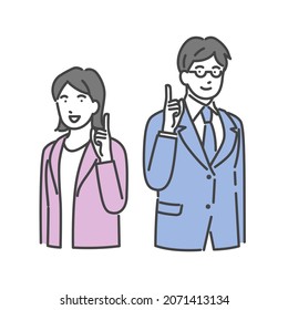 Man and woman in suits that raise their index fingers