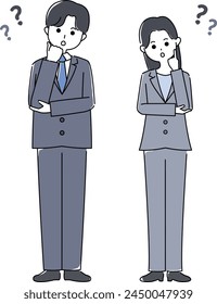 Man and woman in suits tilting their heads