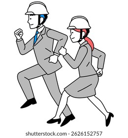 Man and woman in suits wearing helmets running (sideways)
