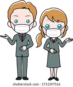 A man and a woman in suits wearing masks