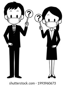 A man and woman in suits wearing masks holding question tags.