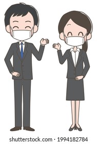 A man and a woman in suits wearing masks.
