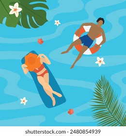 man woman summer chill at the beach sea illustration