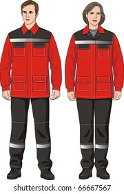The man and the woman in the summer suit consisting of a jacket and overalls