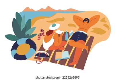 Man and woman sunbathing by seaside, isolated couple on summer vacation or holiday sitting on blanket. Reading and spending time together, honeymoon or weekends. Vector in flat style illustration