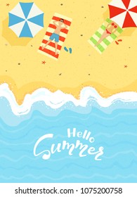 Man and woman sunbathing on the sand on the beach and text Hello Summer, illustration.