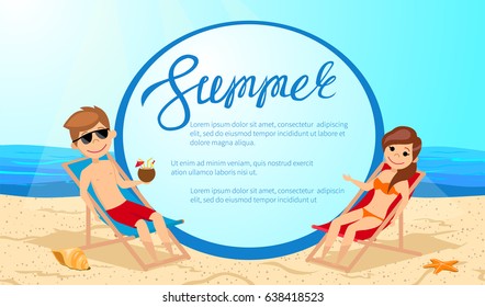 Man and woman sunbathing on the sun loungers on the beach. Summer frame. Vector illustration.