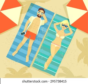 Man and woman sunbathing. Vector flat illustration