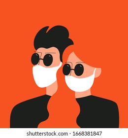 Man and woman in sunglasses and medical face mask. Novel coronavirus 2019-nCoV. Colored print design, global quarantine concept vector illustration, world pandemic and epidemic