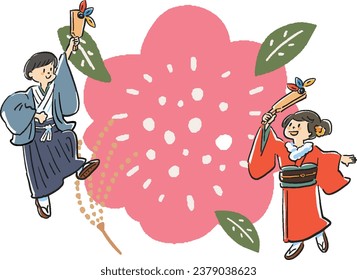 Man and woman in sunny clothes thrusting feathers Flower back Headline illustration