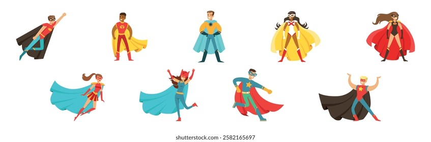 Man and Woman Superhero Character in Mask and Cloak Vector Set