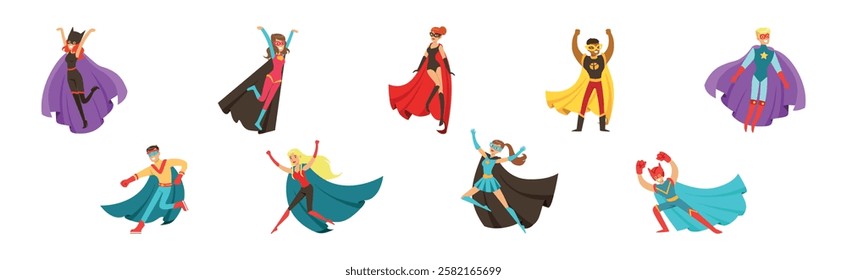 Man and Woman Superhero Character in Mask and Cloak Vector Set