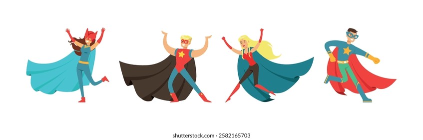 Man and Woman Superhero Character in Mask and Cloak Vector Set